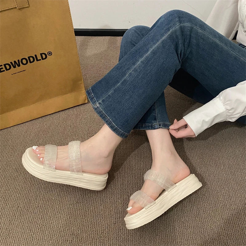 Summer Open Toe Women Slippers Fashion Slip On Platform Flats Thick Sole Sandalias Ladies Elgant Beach Vacation Slides Flip Flop