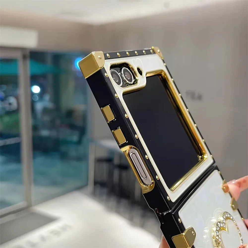 Фото Чехол для телефона Samsung Galaxy Z Flip 6 5 4 3, блестящее кольцо на палец, подставка, чехол, флип, позолоченный бампер, лазерное блестящее сердце №4