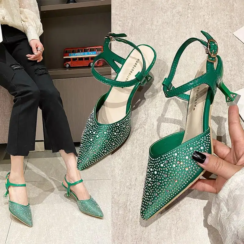 

2022 New European And American Sexy Pointed Toe Rhinestone High Heels With Cat Heel Sandals Nightclub Slim Women's Shoes