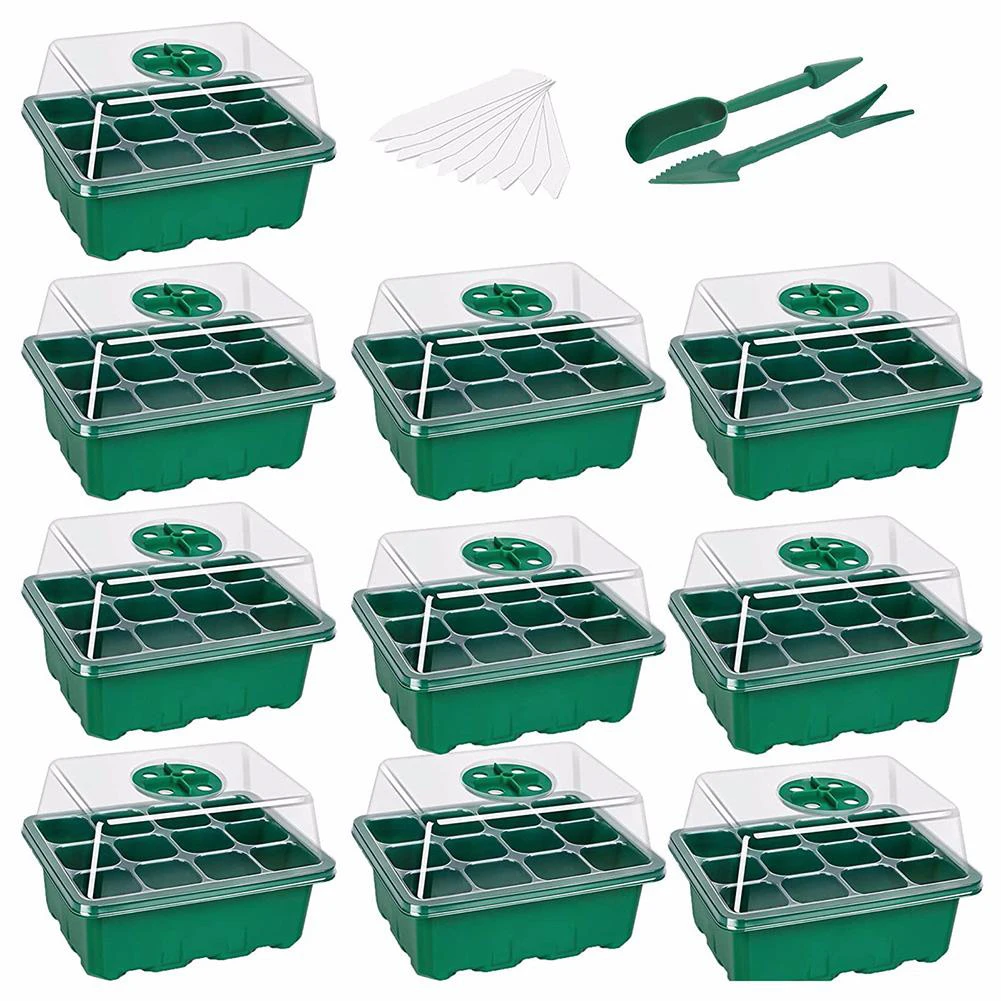 

10pcs 12 Holes Seed Starter Tray Kit Plant Germination Box Adjustable Switch Garden Decor Planting Accessories with Dome Base