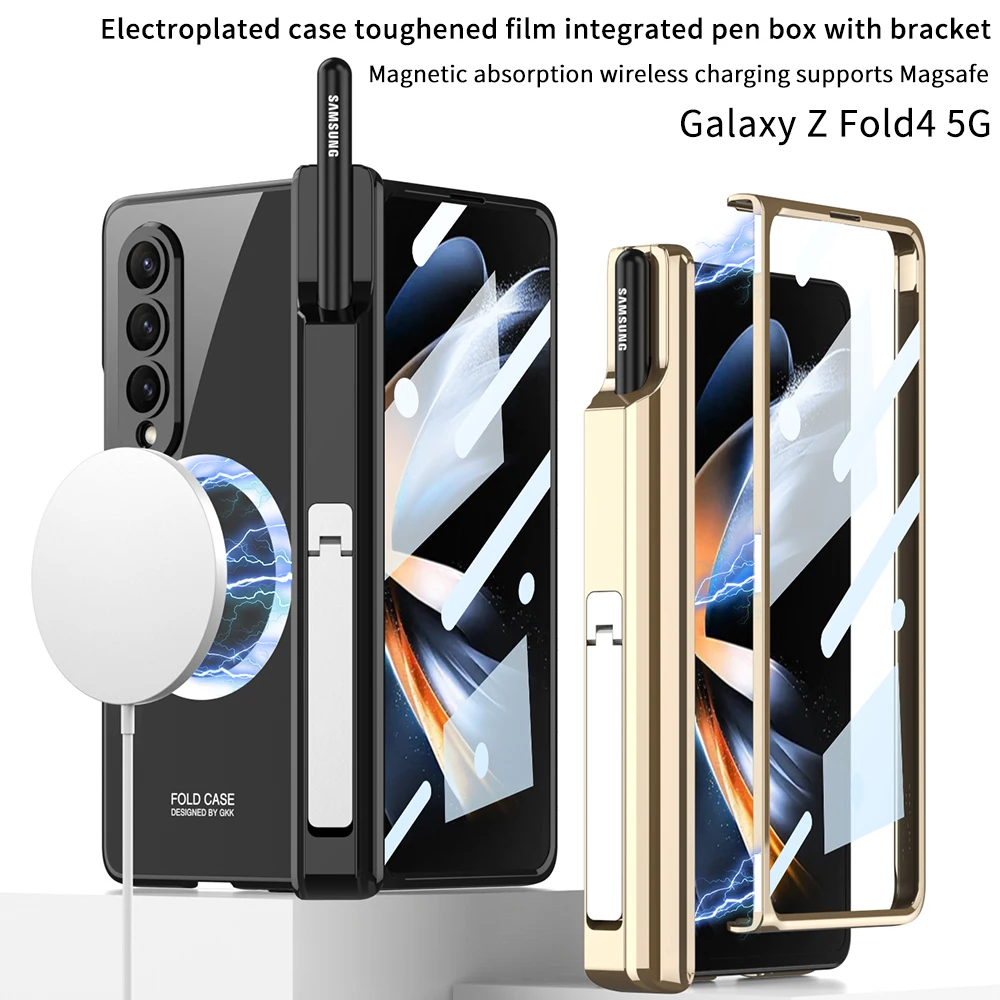 Electroplated Magnetic Hinge Pen Holder Case For Samsung Galaxy Z Fold 4 Case Wireless Charging With Glass Film Cover For Fold4