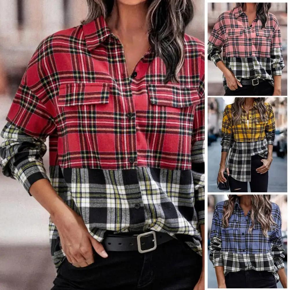 

Chic Trendy Classic Plaid Patchwork Printing Lady Shirt Casual Shirt Breathable Flap Pockets