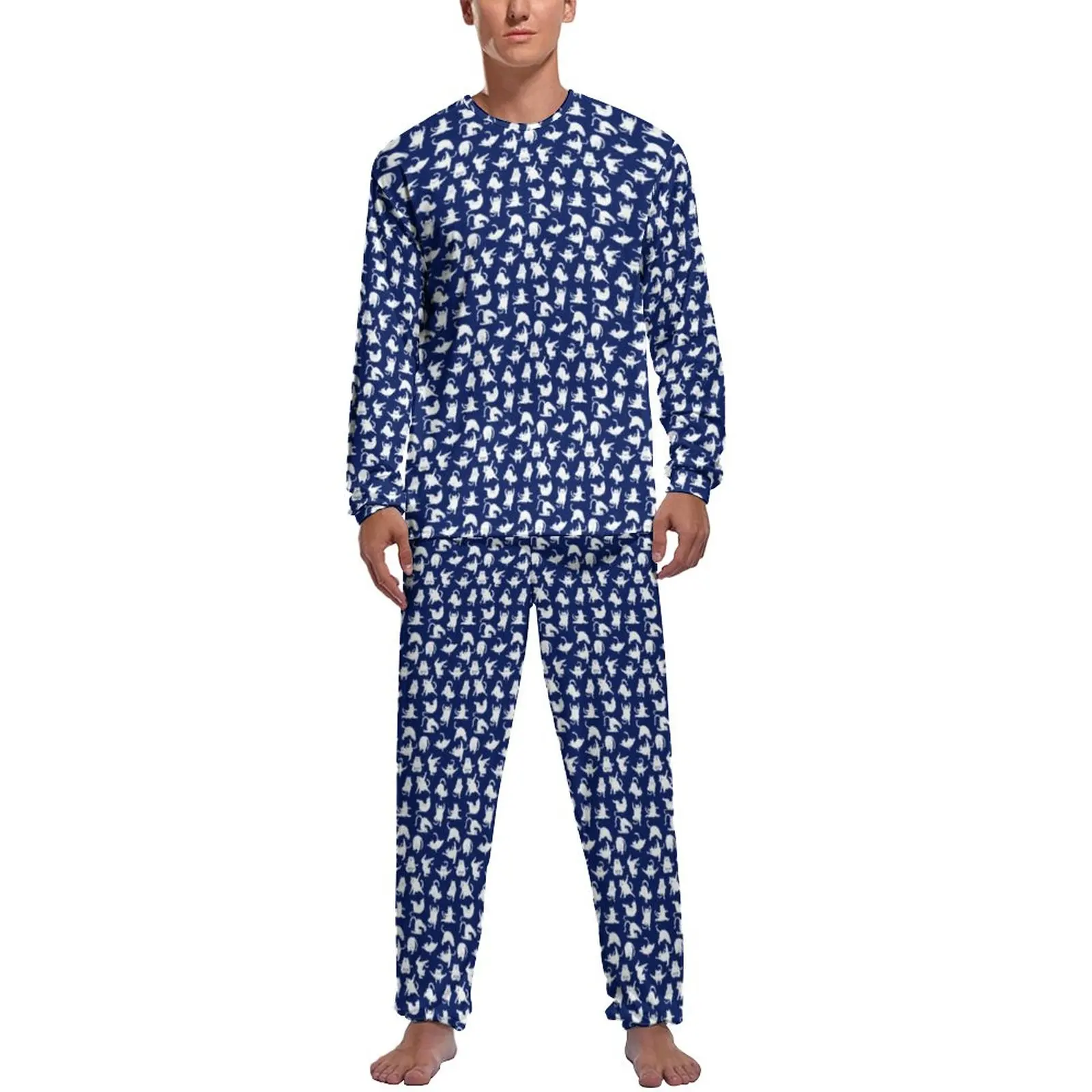 Blue Funny Cat Pajamas Yoga Sports Man Long-Sleeve Kawaii Pajama Sets 2 Pieces Aesthetic Autumn Graphic Sleepwear Gift Idea