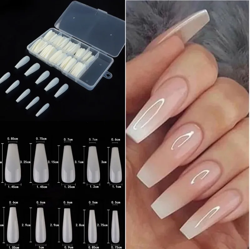

100 Pcs/Box UV Gel Full Cover Acrylic Clear and Natural False Nail Ballerina Coffin Fake Nails DIY Manicure Tips Beauty Tools