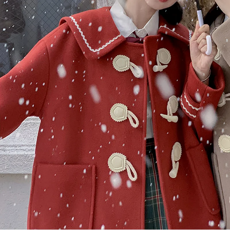 

Зимнее кавайное плотное шерстяное пальто, женское однотонное теплое милое пальто в стиле колледжа, новогодняя корейская мода, свободная Ми...