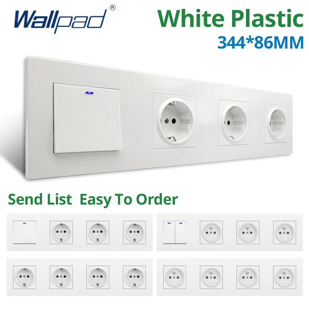 

Wallpad White PC Panel 1 2 3 Gang 2 Way Wall Switch And Socket EU Power Outlet Plug Backlight 344*86mm AC 110V 220V