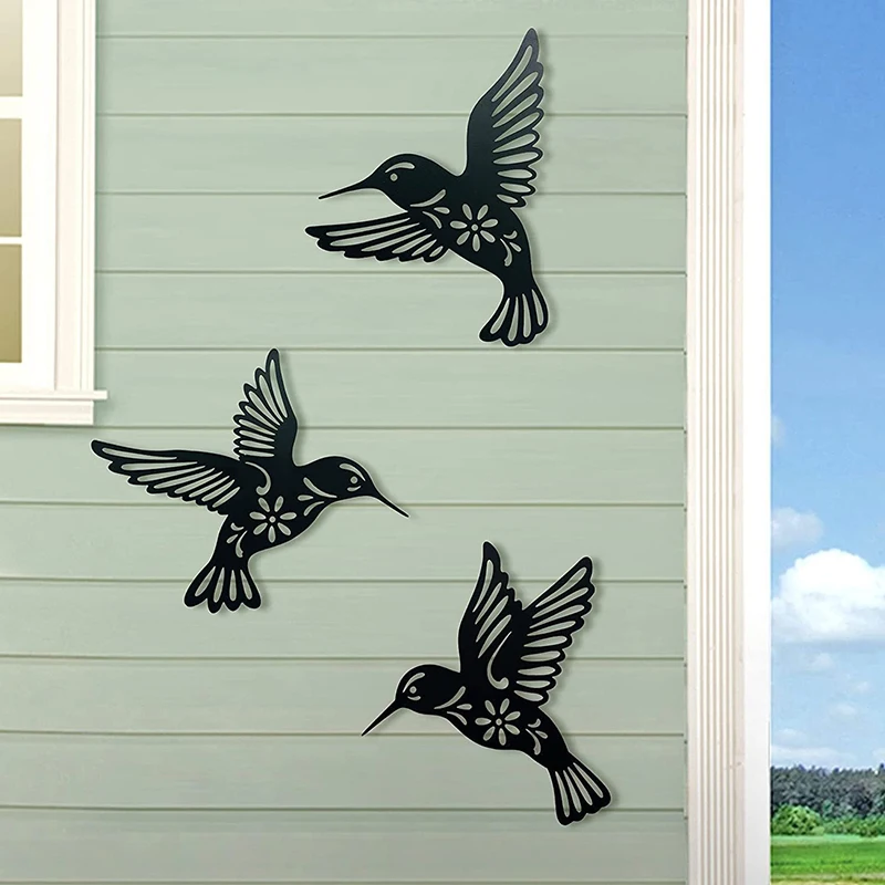 

3Pcs Metal Hummingbird Wall Art Decor 3D Stereo Black Flying Bird Wrought iron Carving Bird Indoor Outdoor Decor