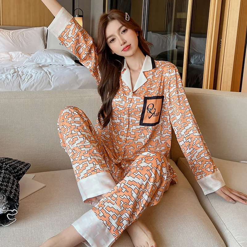 Autumn New High-Grade Elegant Pajamas Women's Fashionable Thin Artificial Silk Long-Sleeved Trousers Homewear Suit