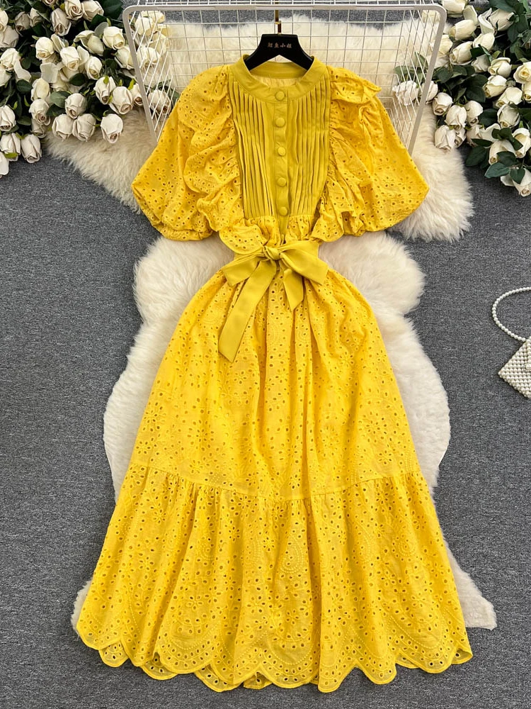 

Summer Vintage Women Hollow Out Embroidered Party Dress Elegant O-Neck Single Breated Short Puff Sleeve Ruffle Vestidos 2023 New