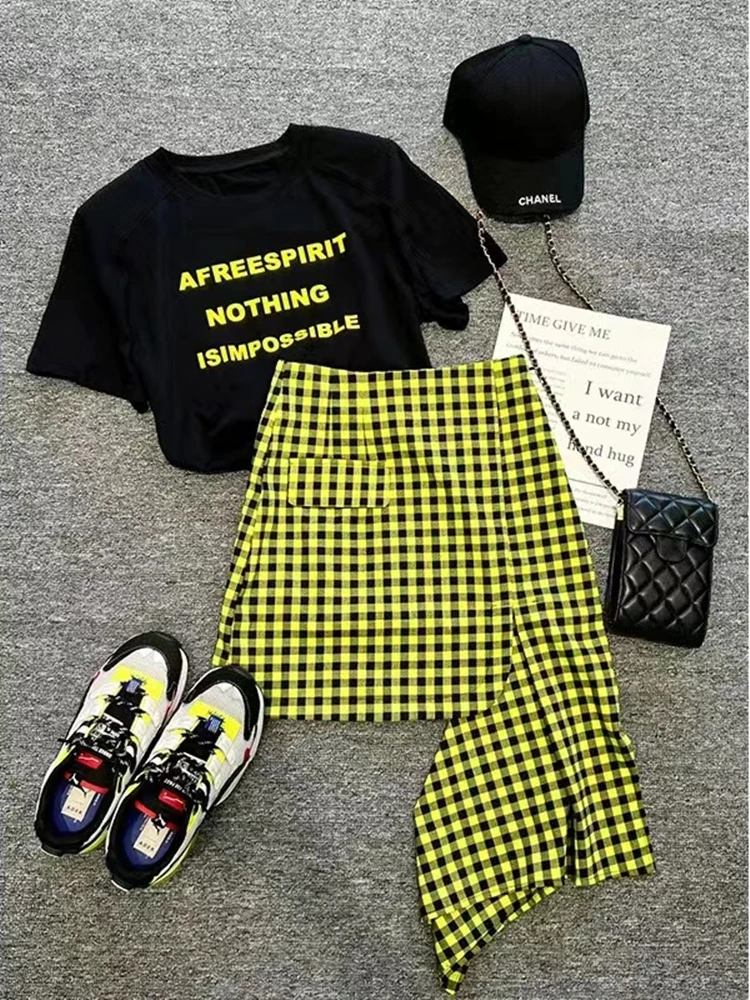 

Letter Printed Short-sleeve T-shirt + Irregular Plaid Skirt Suit Women's Summer Casual Top High Waist Skirt Two-piece Set Female