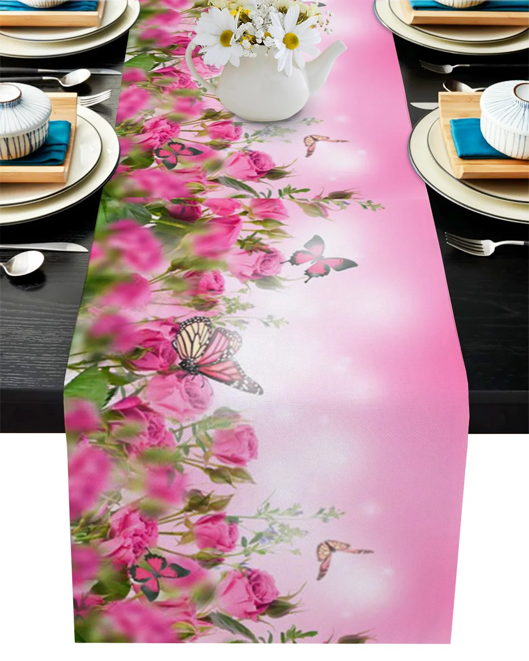 

Butterfly Pink Flowers Dreamy Table Runner Decoration Home Decor Dinner Table Decoration Table Runners Tassel