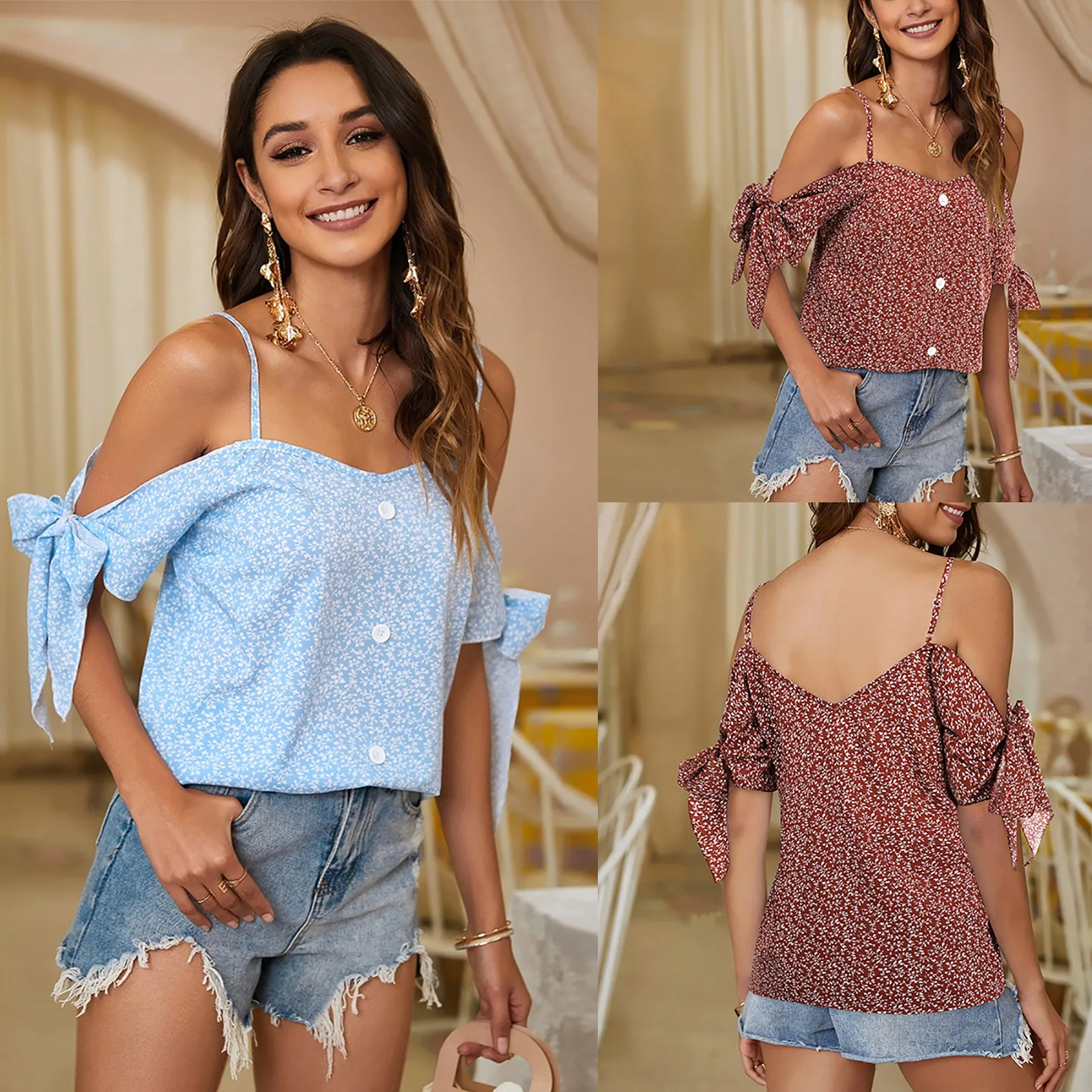 

Новинка лета 2022, милая Женская безрукавка на бретелях, Женский Синий Свободный пуловер, топ с принтом и однотонным воротником