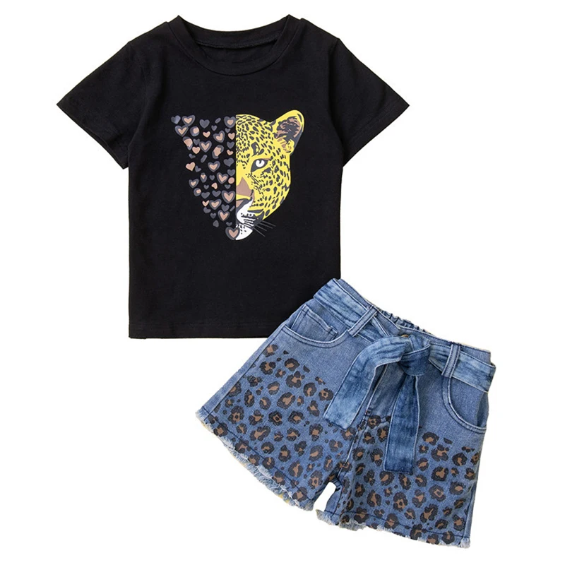 

2Piece Summer Outfit Toddler Girl Clothes Fashion Print Short Sleeve Cotton Baby T-shirt+Denim Shorts Kids Clothing Set BC2215-1