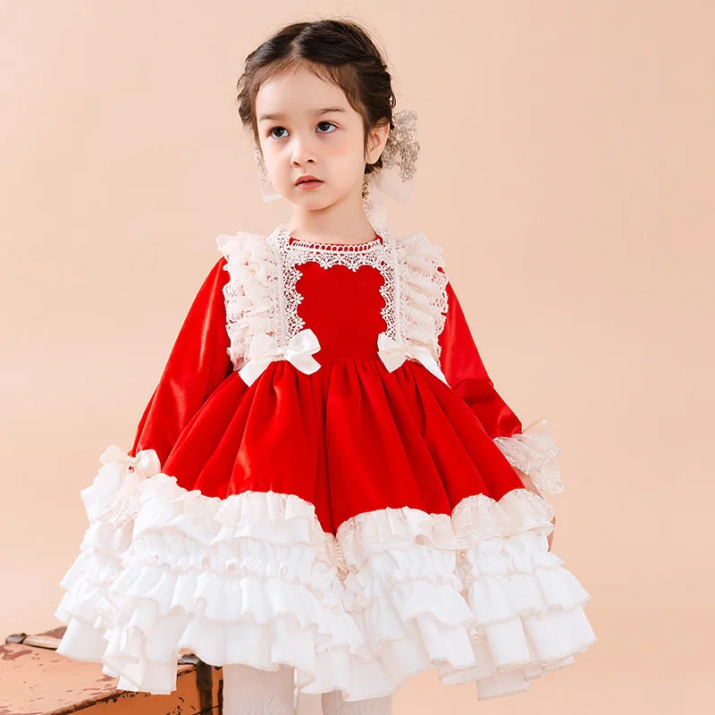 

2022 New Lolita Red Cake Skirt Girls Spanish Princess Pompous Skirt Annual Dress