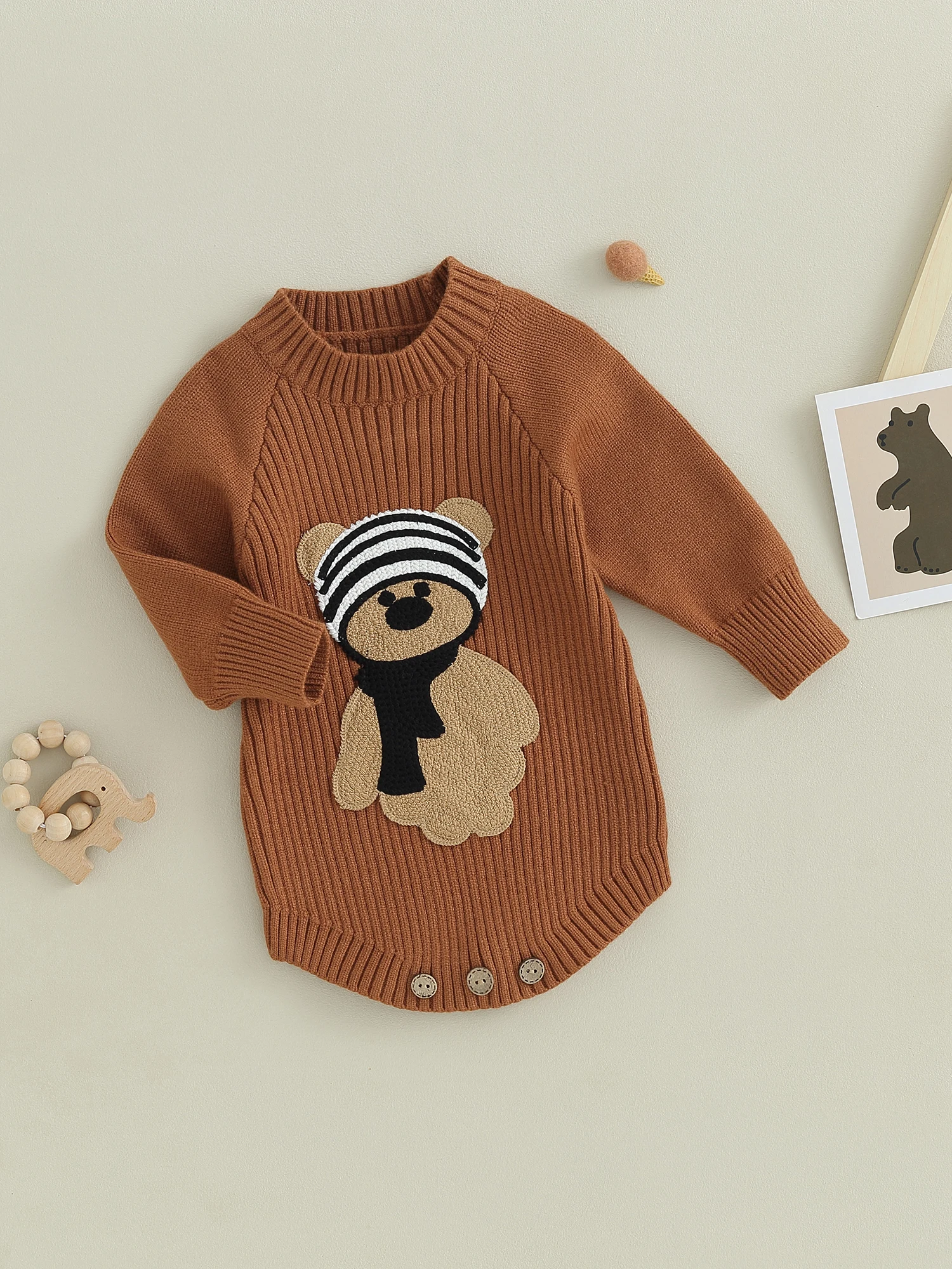

Детский вязаный комбинезон, топы с длинным рукавом и круглым вырезом, вязаное боди с вышивкой кролика, свитер, зимний наряд для младенцев