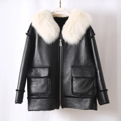 

genuine Luxury brand 2023 New Double-faced Merino Sheep Genuine Leather Coat Real Natural Fox Fur Collar Winter Jacket Women War
