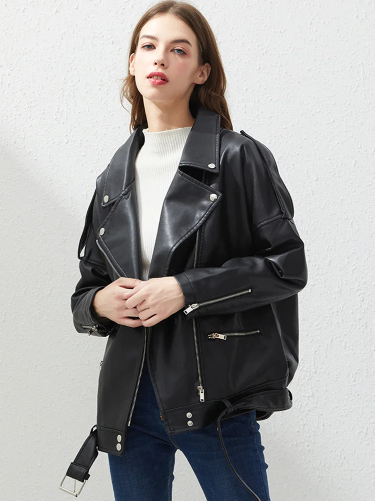 

FOR Autumn Women Pu Motorcycle Faux Soft Leather Loose Jacket Coat Turndown Collar Zipper Overcoat Female Rivet Punk Jacket