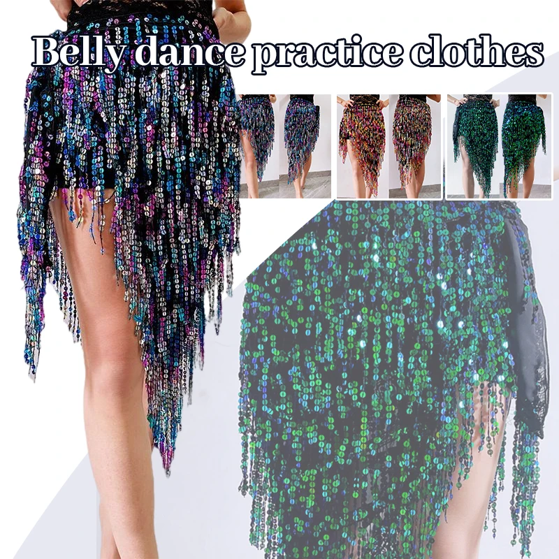 Women Bellydance Hip Scarf Sequin Tassel Belly Dance Practice Dress Waist Chain Hip Towel Wrapped Skirt Costume Fringe Wrap