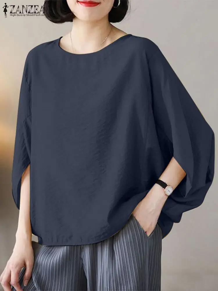 

2023 модная офисная блузка ZANZEA, женские топы с рукавом 3/4 и круглым вырезом, элегантная однотонная Свободная рубашка, Женская винтажная уличная одежда, блузы