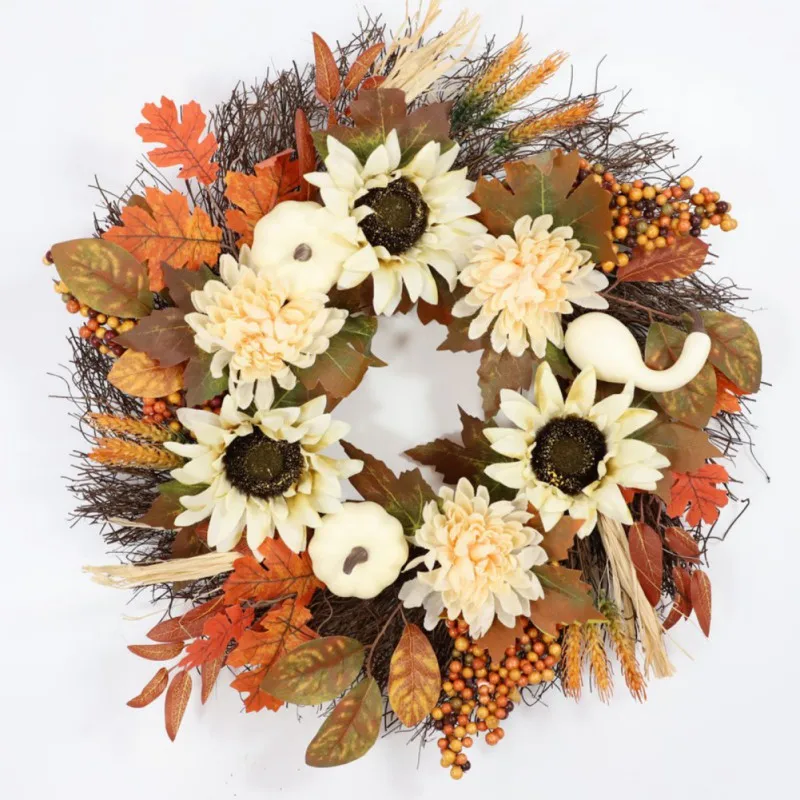 

45cm Fall Wreaths for Front Door Autumn Wreath with Berry Pumpkin Maple Leaves Garlands Thanksgiving Harvest Festival Home Decor