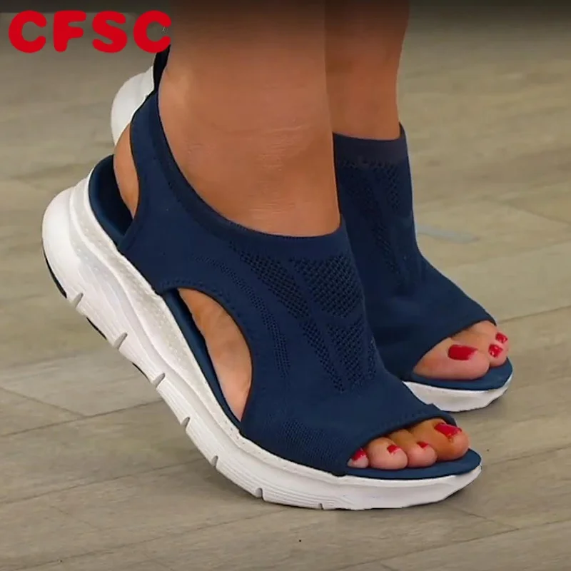 

2023 Summer Women Mesh Wedges Sandals Solid Open Toe Stretch Orthotic Slip On Platform Shoes Ladies Casual Back Strap Footwear
