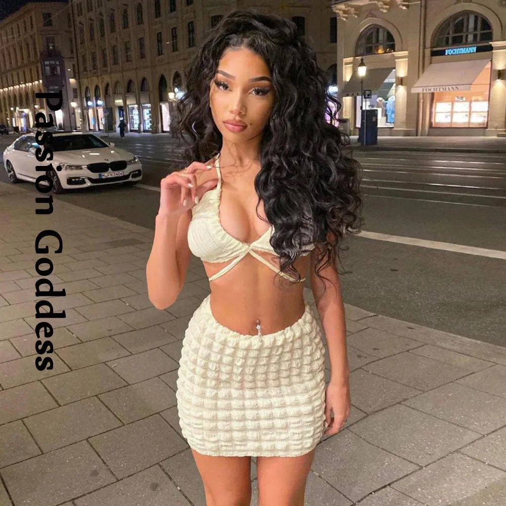 

Sexy Y2K Women 2 Piece Skirts Bubble Cotton Sets Lace-up Bandage Crop Top Bodycon Mini Skirts Suits Two Piece Party Club Outfits