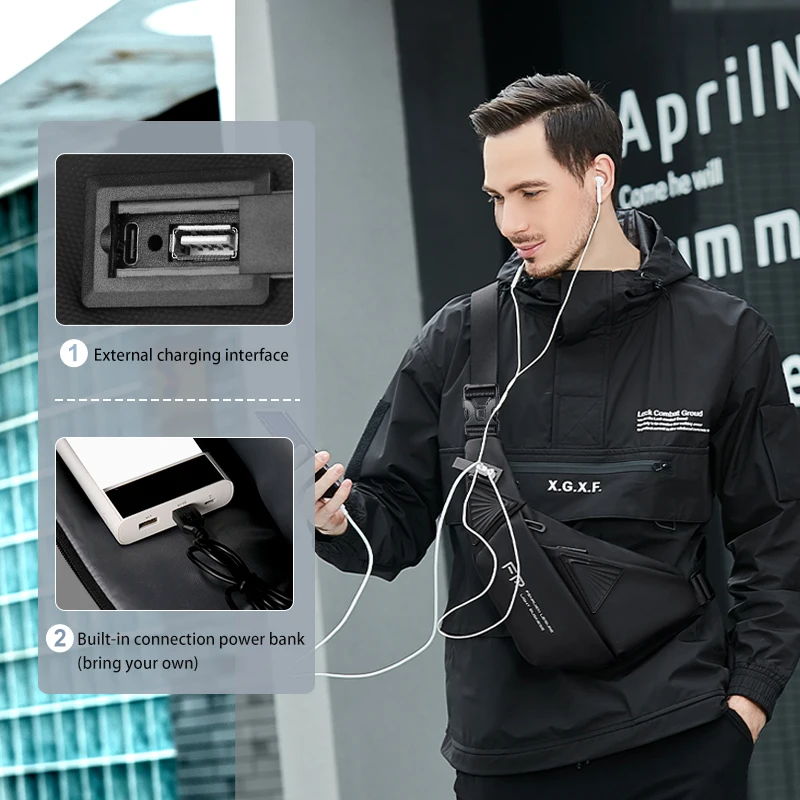 FENRUIEN Men's Waterproof USB Oxford Crossbody Bag Shoulder Sling Bag Multifunction Short Travel Messenger Chest Pack For Male