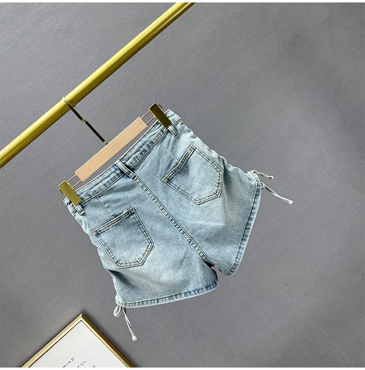 Sequined Denim Shorts For Women 2023 Summer Stretch High Waist Slim Fit Slimming Exquisite Rhinestone Wide Leg Jeans Hot Pants