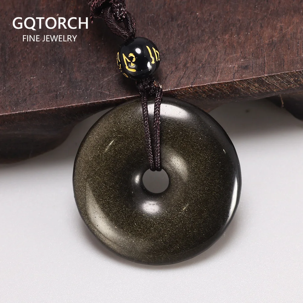 Natural Stone Pendants Necklace Rainbow Gold Obsidian 30mm Peace Buckle Amulet Lucky For Women Men Jewelry New