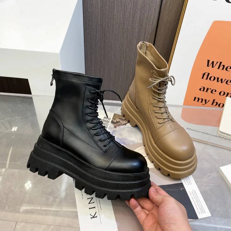 Boots Ladies New Lace Up Women's Round Toe Ladies Fall Rubber Lolita Ankle Leather Cross Botas Mujer Women Shoes Platform Shoes