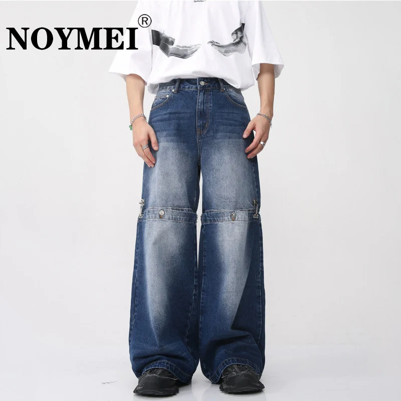 

NOYMEI Detachable Metal Button Desig Wide Leg Jeans Fashionable American Trendy All-match Solid Color Men Pants Autumn WA1897