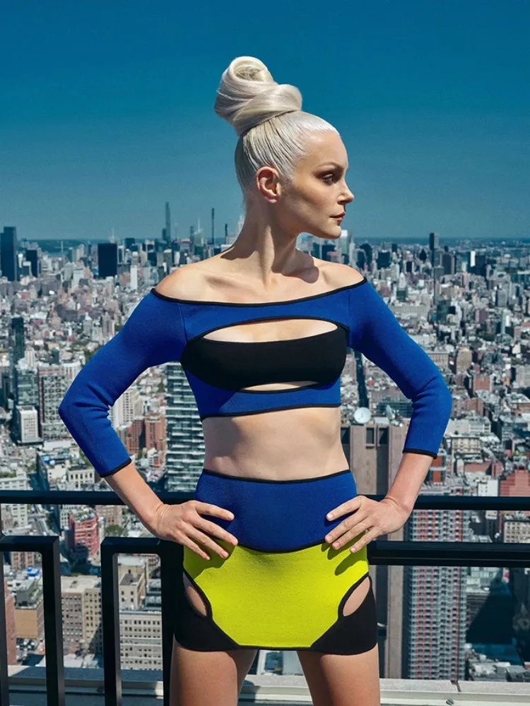 

Sexy Slash Neck Cut Out Two Piece Bandage Skirt Set Women Blue Patchwork Off Shoulder Top Mini Skirt Party Suits Party Club