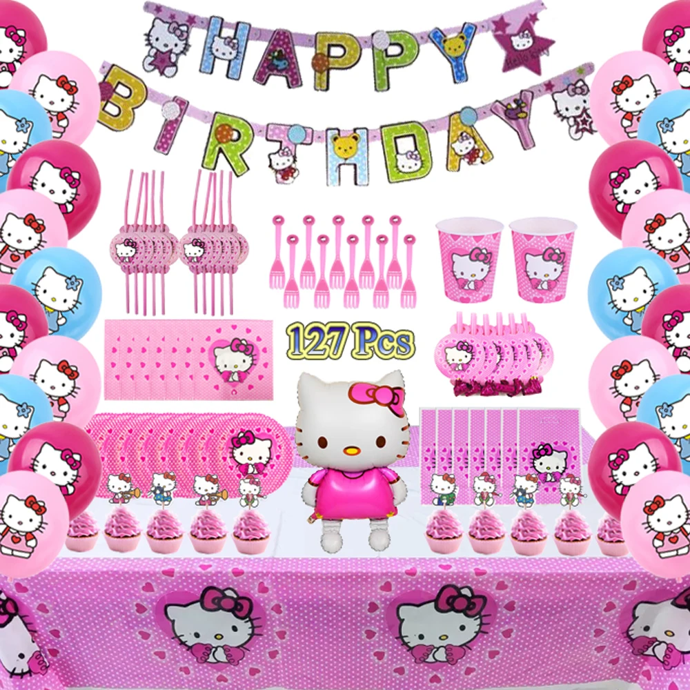 

Cartoon Pink Cat Design Kids Birthday Party Decorations Balloon Paper Plate Tablecloth Baby Shower Disposable Tableware Supplies