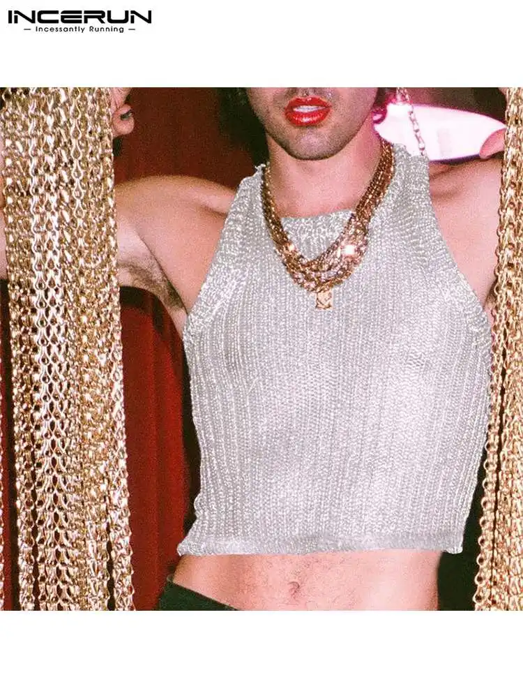 

Stylish Men's Sexy Hot Sale Short Tank Tops Party Nightclub Style Male See-through Sleeveless Waistcoat S-5XL INCERUN Tops 2022