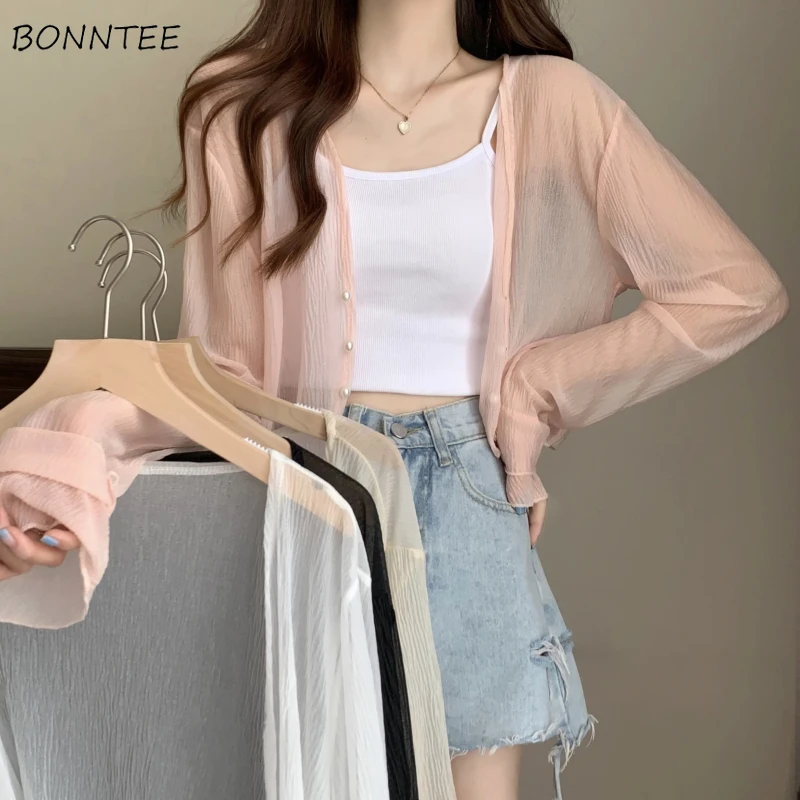 Sun-proof Shirts Women Sweet Vacation Thin Summer Crop Tops Loose Hot Sale Ins Pure Beach Style All-match Basic New Arrival Soft