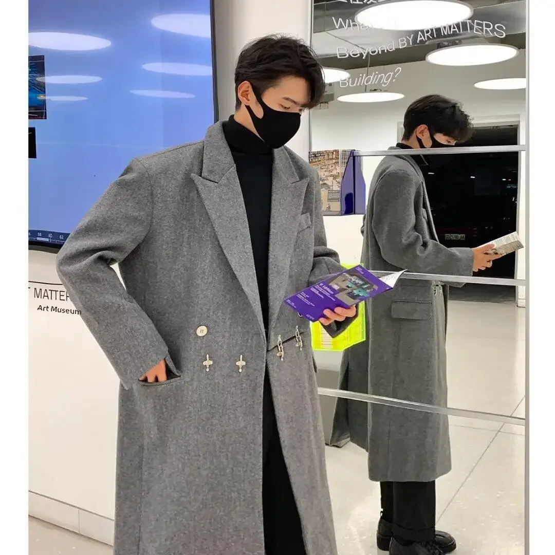 Модное шерстяное пальто с металлической пряжкой в Корейском стиле