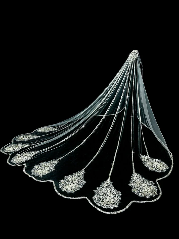 Свадебная фата Mantilla, изысканная фата для невесты в стиле катедраль, длиной 3*3,5 м, свадебная фата с блестящей вышивкой и кристаллами. (art.: 3920dcccceb1b) - 3920dcccceb1b