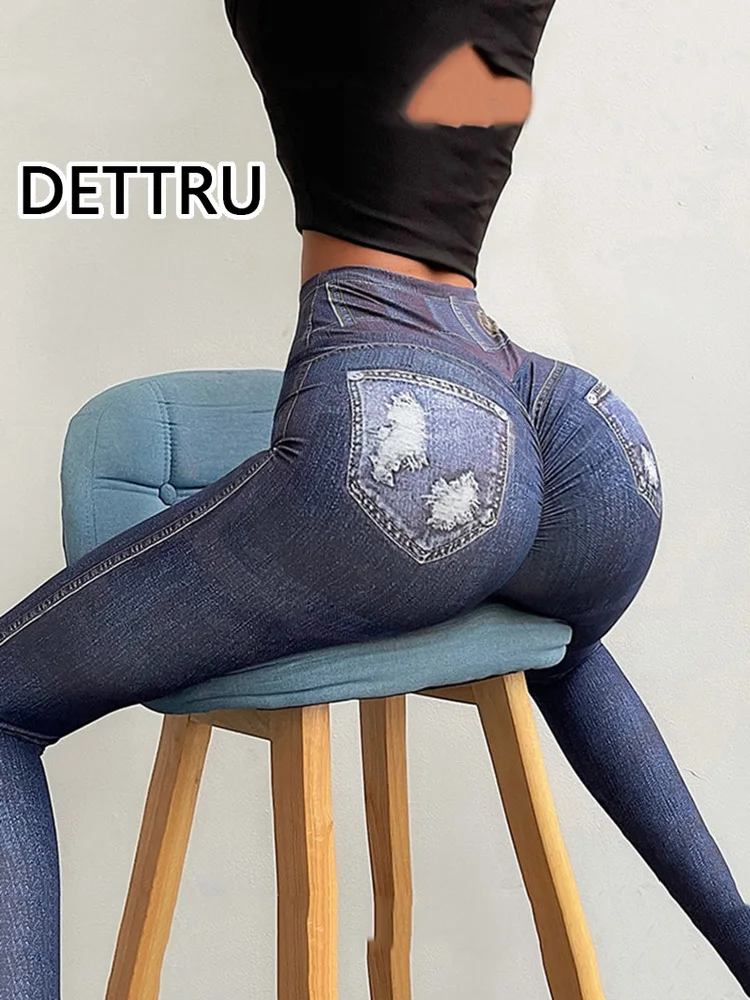 

Брюки для йоги Детские с имитацией джинсов, женские леггинсы, Леггинсы для фитнеса с эффектом пуш-ап, эластичные леггинсы с высокой талией, с...