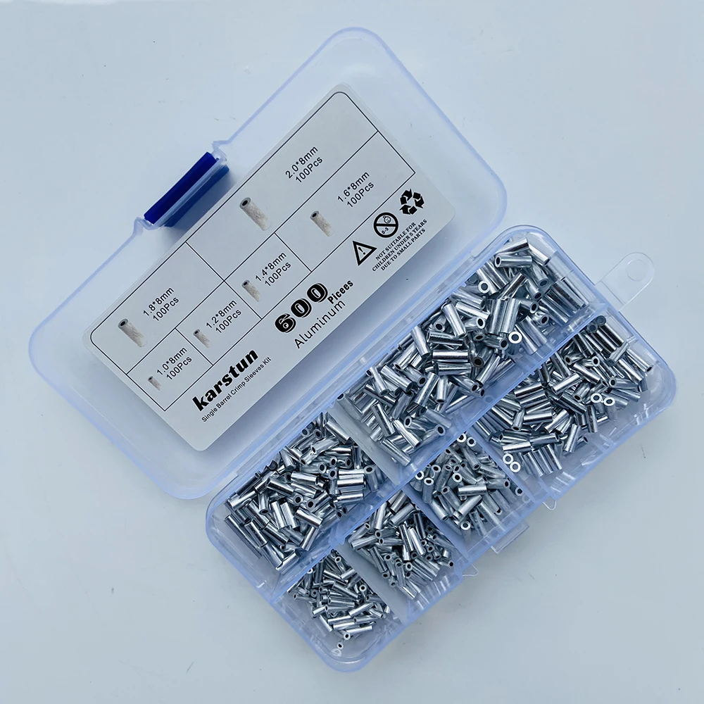

600 Pcs 6 Sizes Mini Aluminum Connector Kit for Fishing Line for 1.0, 1.2, 1.4, 1.6, 1.8,2.0mm Single Barrel Crimp Sleeves