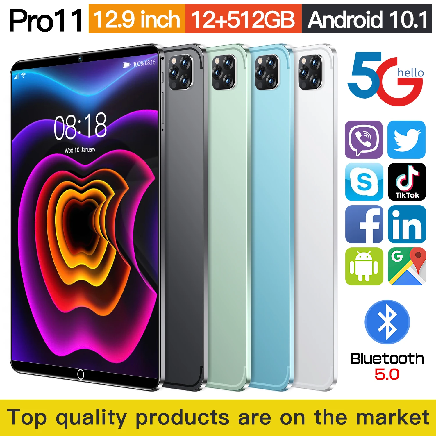 

5G tablet 10.1-inch 2022 new Android 12GB+512GB office phone 2-in-1 HD+pluggable dual card+wifi+face recognition