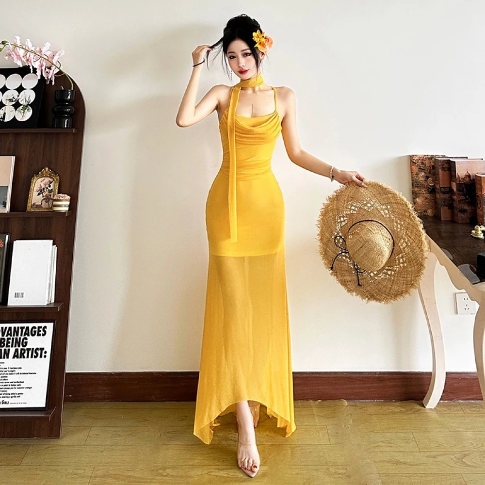 SylCue Сетчатые прозрачные платья макси Сексуальные с открытой спиной и открытыми