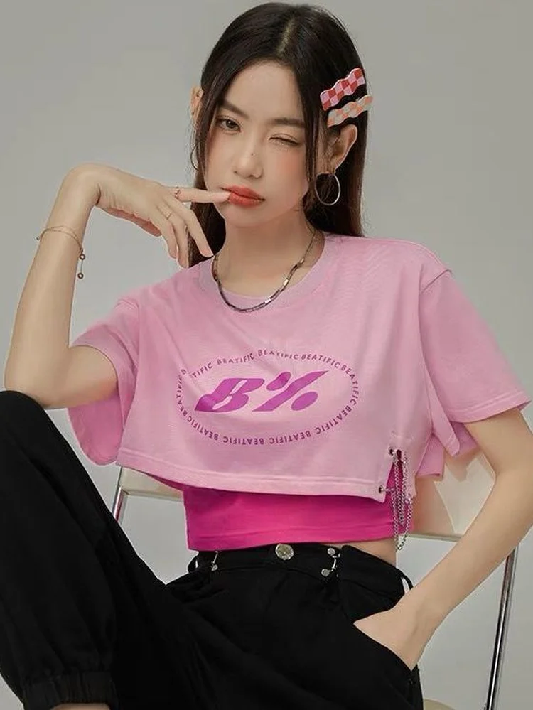 

Loose Sexy Crop Y2K Top Two Pieces Set Short Sleeve Woman Letter Print Tshirts +crop Vest Vintage Irregular Tees Korean Tank Top