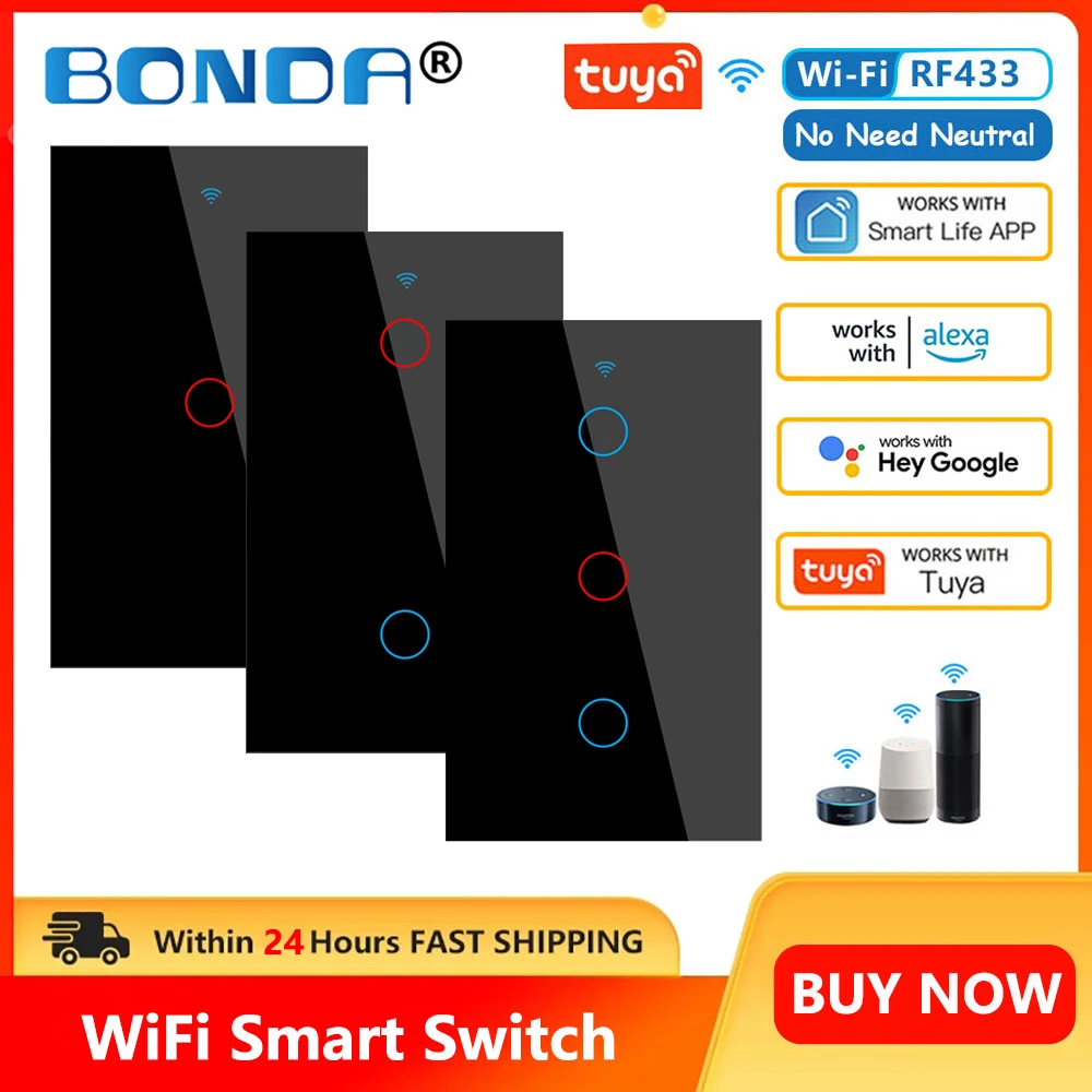 Умный сенсорный выключатель Tuya RF433 с Wi-Fi без нейтрального провода голосовым