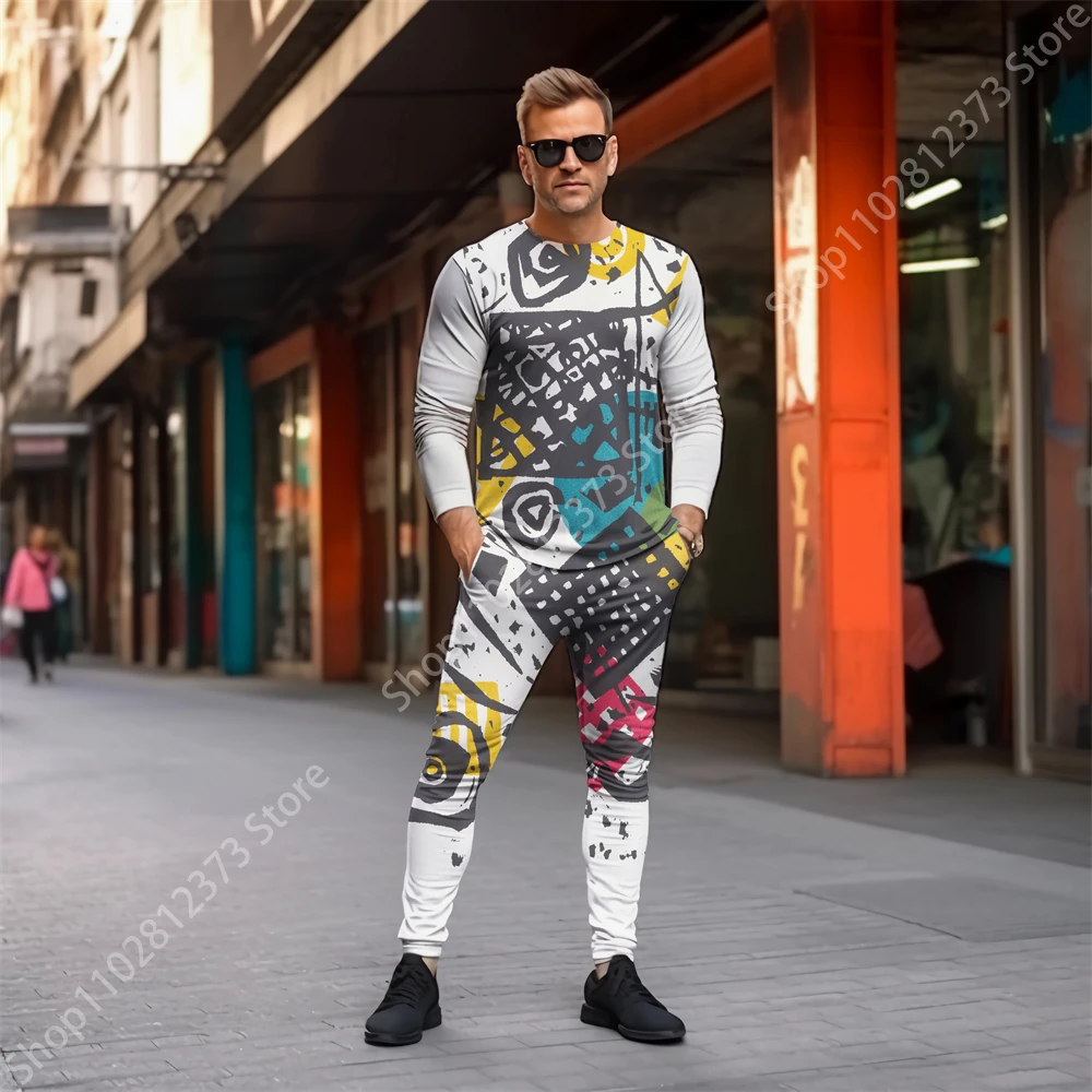 2023 Tracksuit Men Long Sleeve T-shirt Two Piece Set Men Fashion 3D Colorful Graffiti Printing Casual Streetwear Clothes For Men