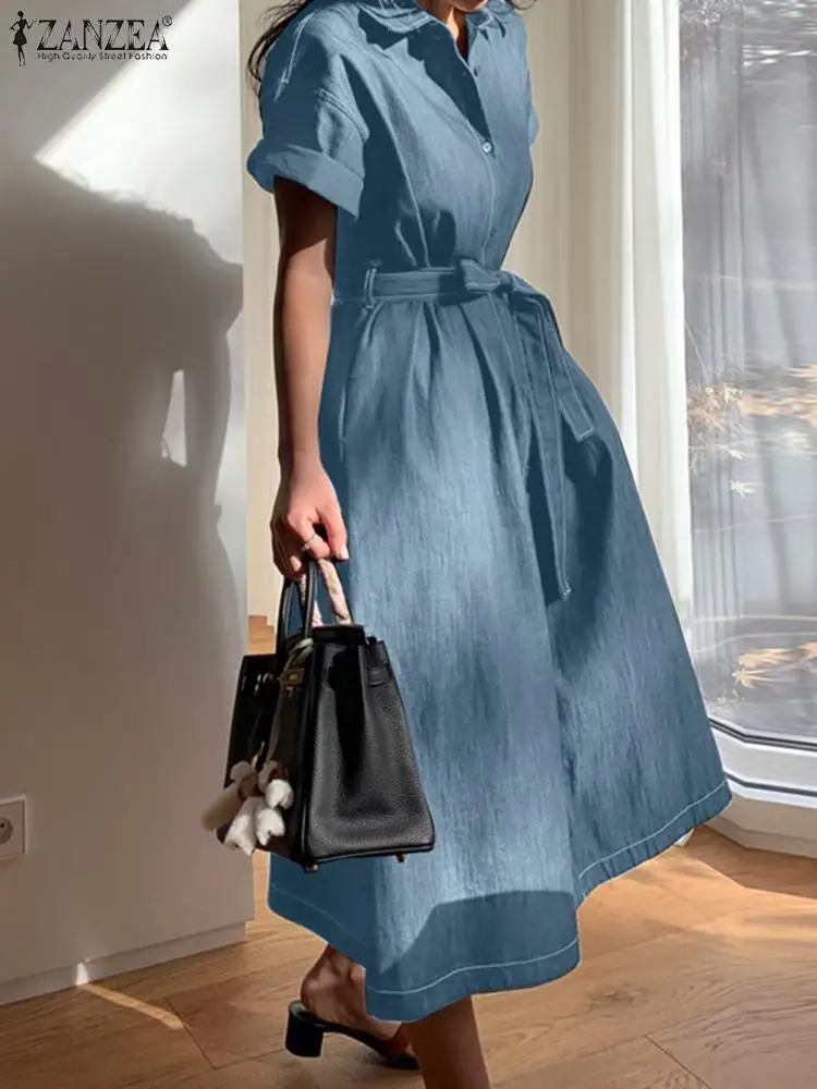 

2023 ZANZEA Vintage OL Denim Shirtdress Fashion Short Sleeve Sundress Woman Summer Lapel Neck A Line Dress Solid Lace Up Dresses