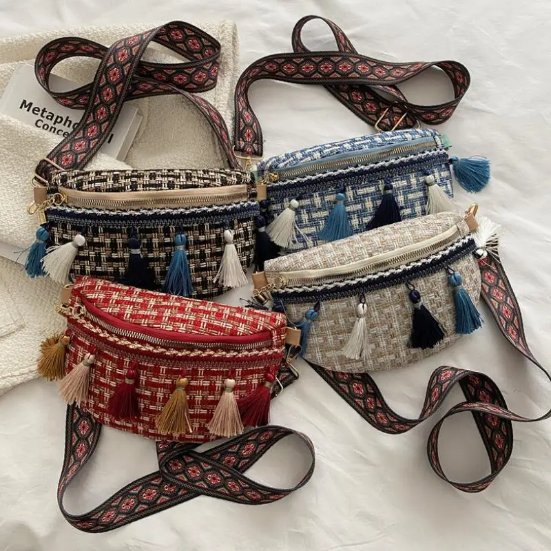 

Women's Waist Bag 2022 Fashion Trend Summer Bohemia Canvas Tassel Shoulder Bags Designer Crossbody Fanny Pack Female