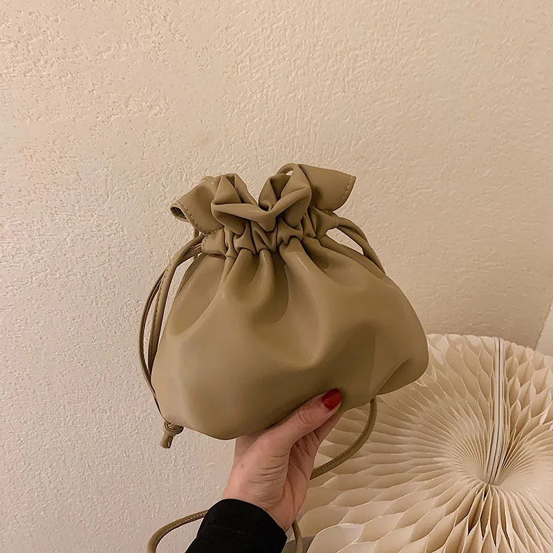

Drawstring Bucket Shoulder Bag for Women Fashion Casual Cute Mini Cross Body Small Bag Soft Leather Solid Color Purse