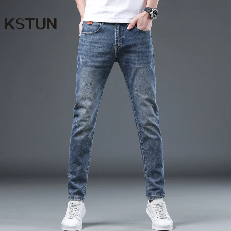 

KSTUN Stretch Jeans Men Slim Fit Blue Mens Brand Jeans Streetwear Scratches High Quality Men's Clothing Denim Pants Jean Homme