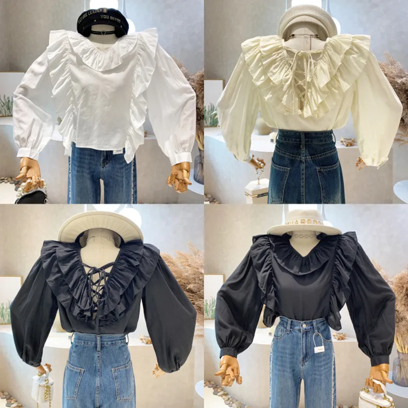 

New Women's Clothing 2022 Summer Autumn Ruffle V-Neck long sleeve shirt loose casual Lace Up Shirt Top blusas mujer de moda 2022