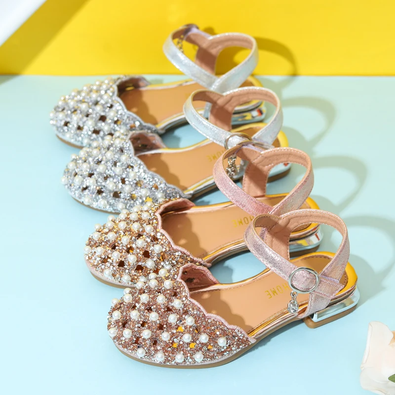 

Summer Children Sandals Girls Pearl Rhinestones Princess Shoes Kids Baby Hollow High Heels Shoes for Party and Wedding 6-12Y